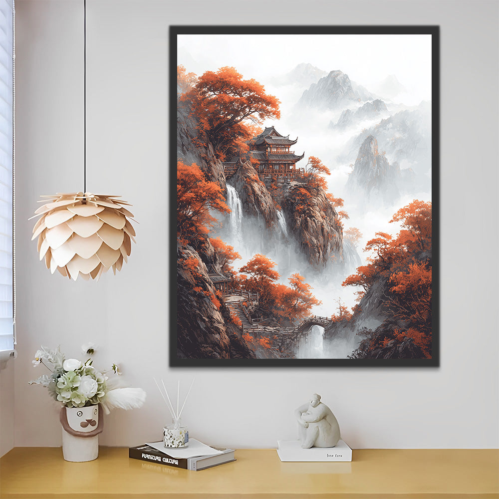 Temples and Maple Trees on the Peaks Towering into the Clouds Paint by Numbers