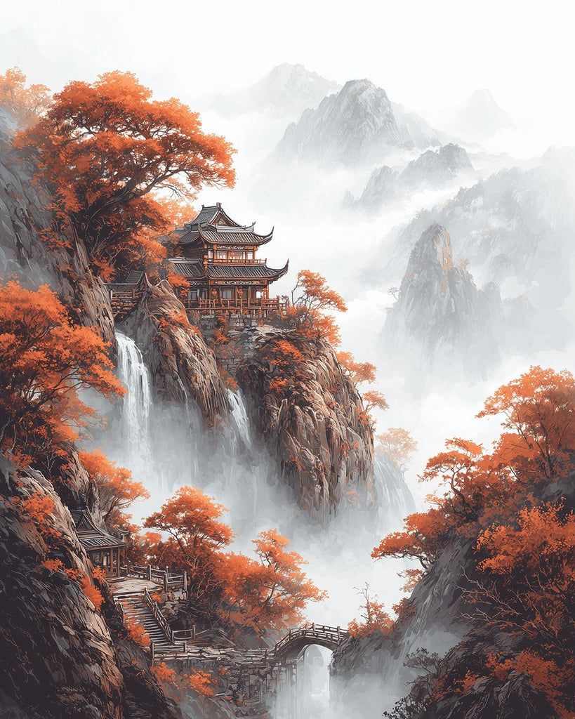 Temples and Maple Trees on the Peaks Towering into the Clouds Paint by Numbers