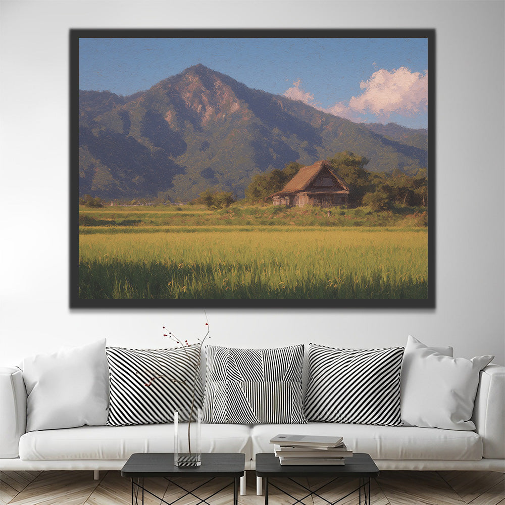 Thatched Cottages and Rice Paddies beside the Mountain Paint by Numbers