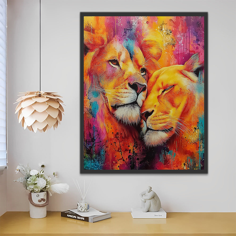 The Colorful Lion Couple Snuggling Together Paint by Numbers