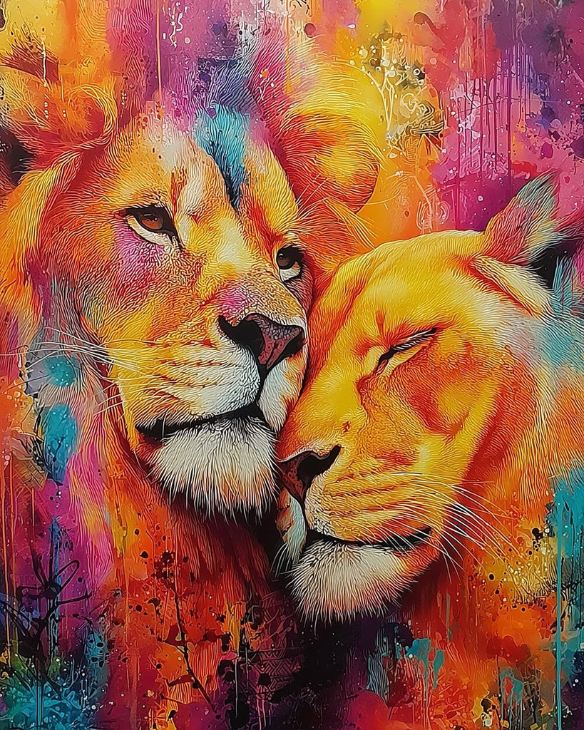 The Colorful Lion Couple Snuggling Together Paint by Numbers