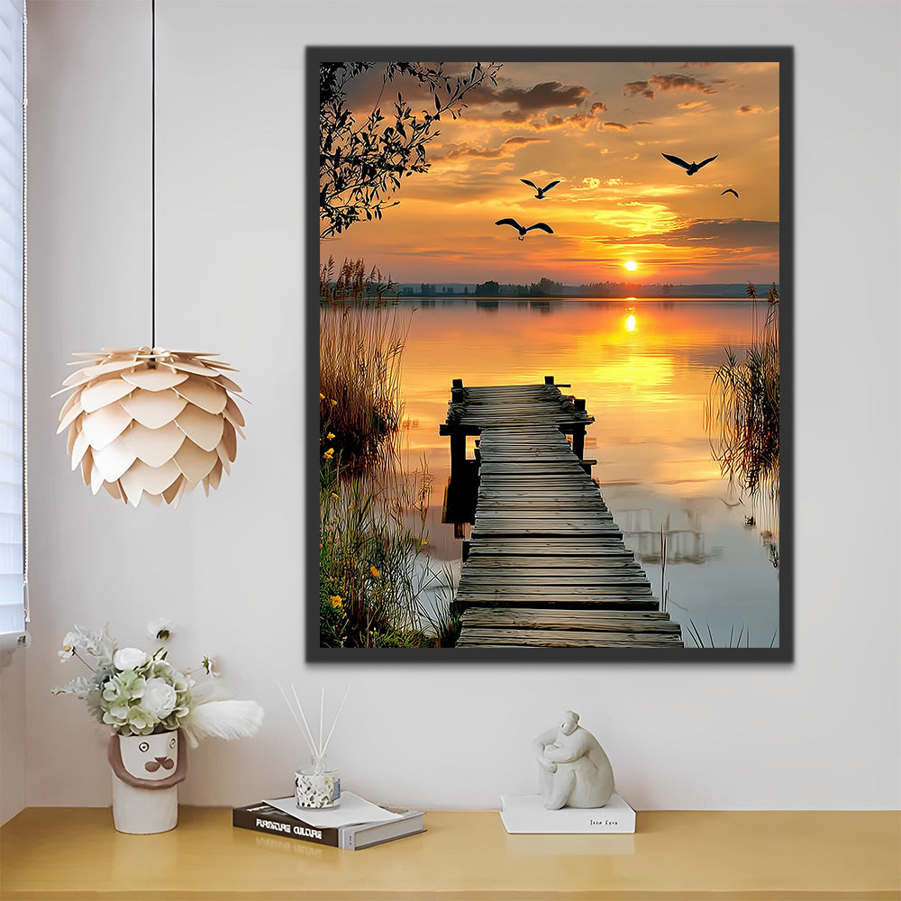 The Wooden Bridge by the Lake at Sunset Paint by Numbers
