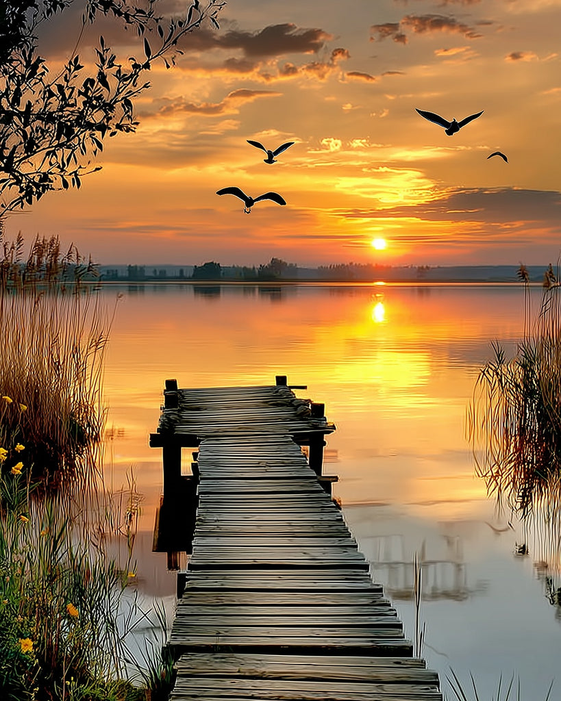 The Wooden Bridge by the Lake at Sunset Paint by Numbers