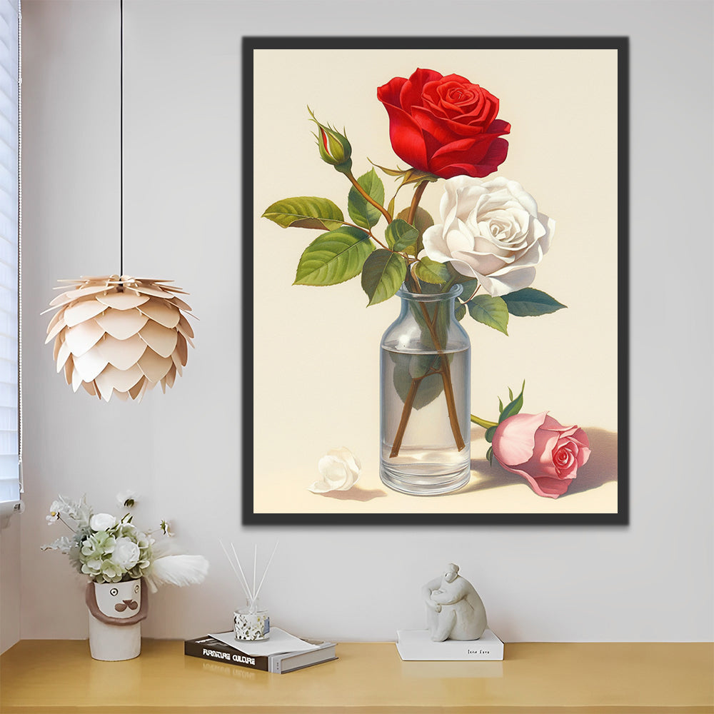 Three Color Roses in Glass Vase Paint by Numbers