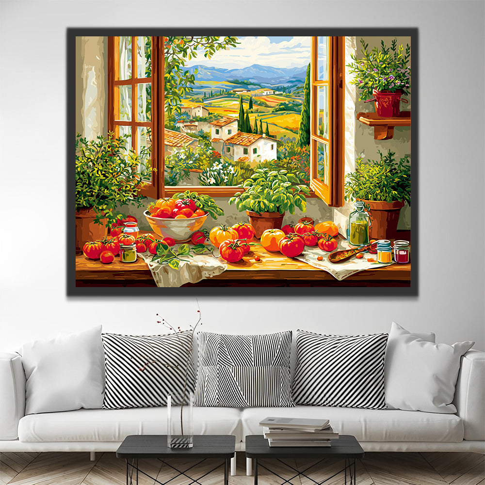 Tomatoes and Green Potted Plants on the Windowsill Paint by Numbers