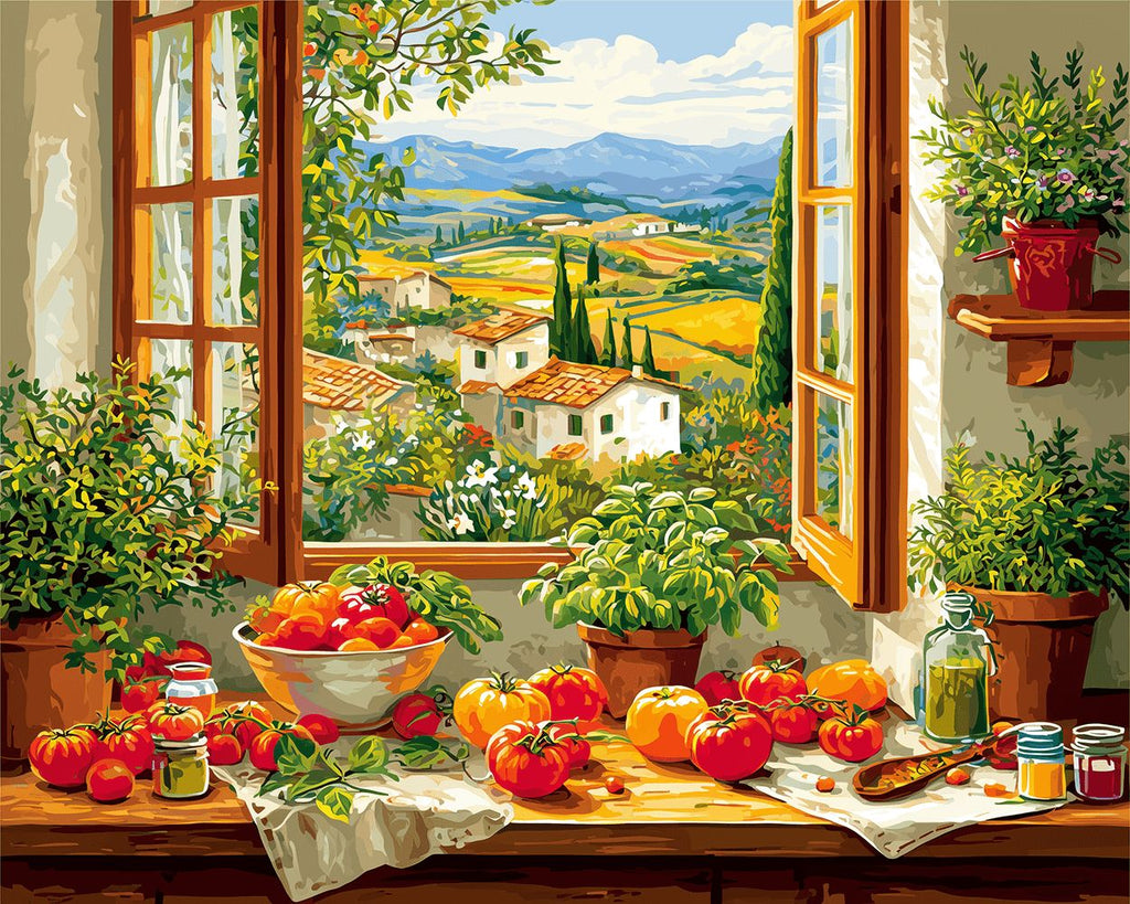 Tomatoes and Green Potted Plants on the Windowsill Paint by Numbers