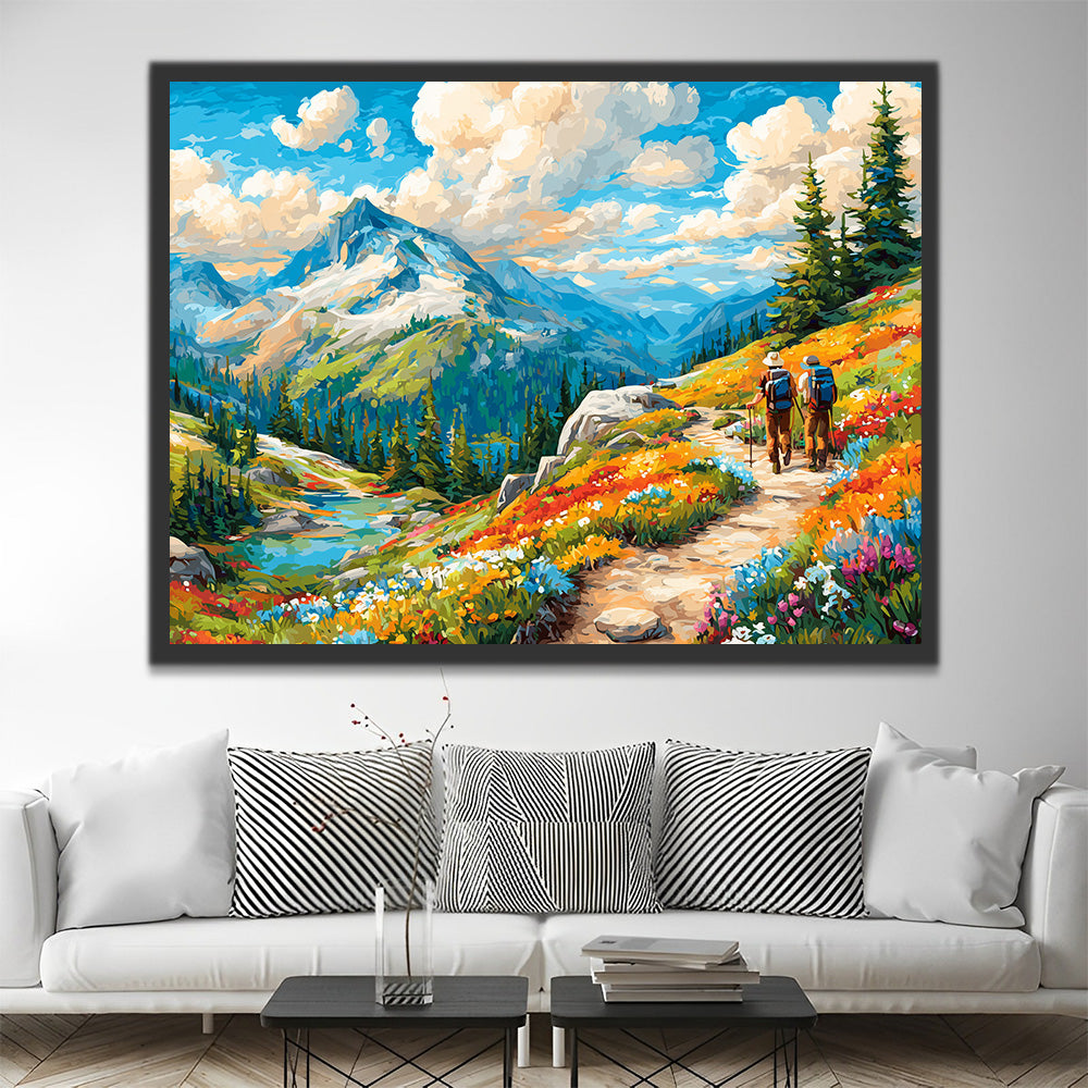 Travelers on a Mountain Road full of Flowers Paint by Numbers