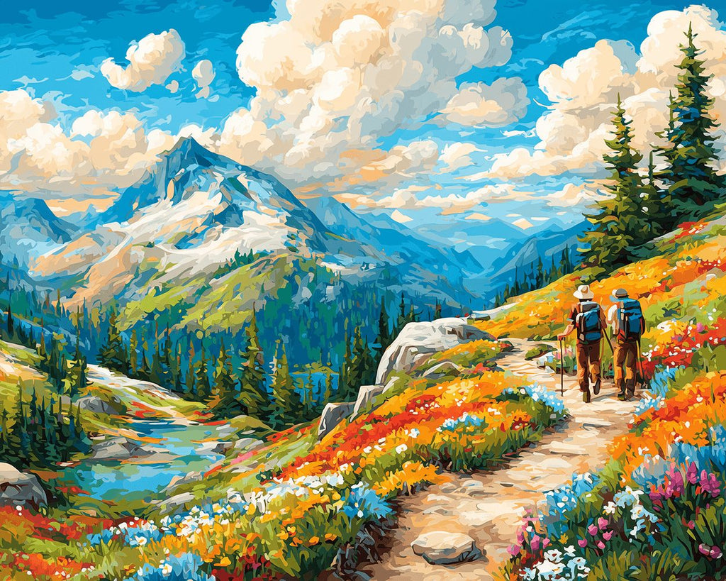 Travelers on a Mountain Road full of Flowers Paint by Numbers