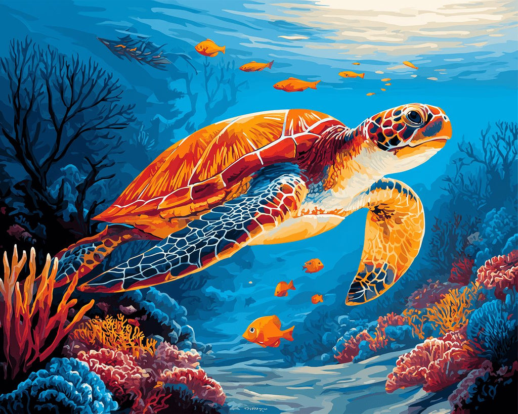 Turtles and Orange Fish in the Deep Sea Paint by Numbers