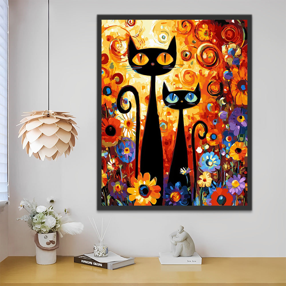 Two Black Cats among Colorful Flowers Paint by Numbers