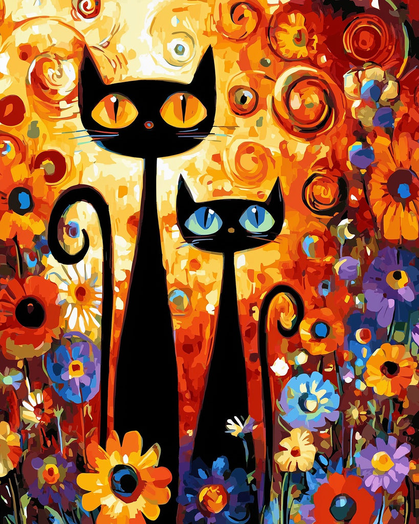 Two Black Cats among Colorful Flowers Paint by Numbers