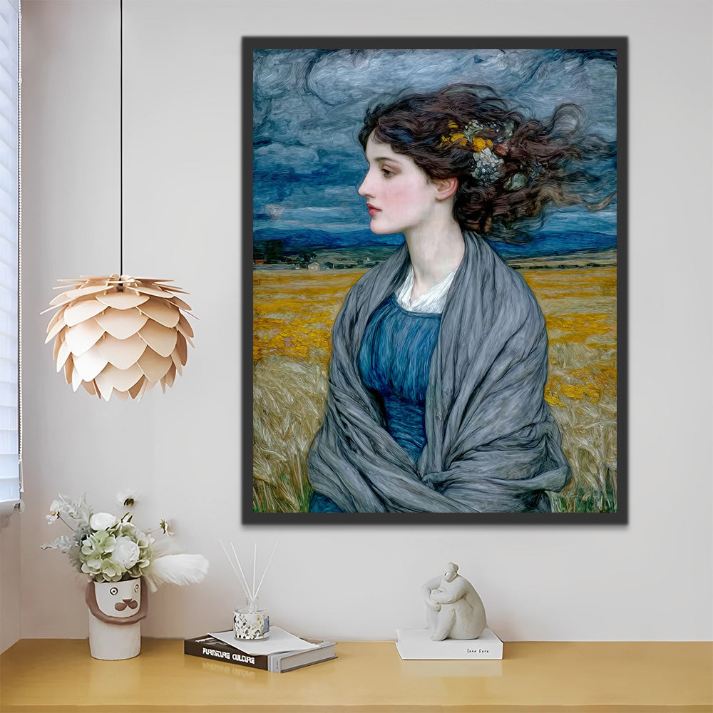 Van Gogh Style - Woman in a Blue Dress in the Field Paint by Numbers