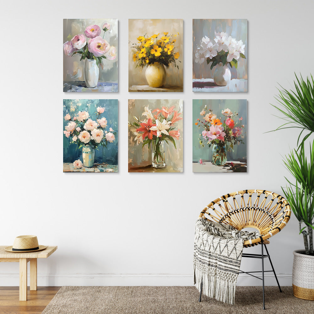 Various Flowers in Different Vases 6 Pieces Mini Paint by Numbers