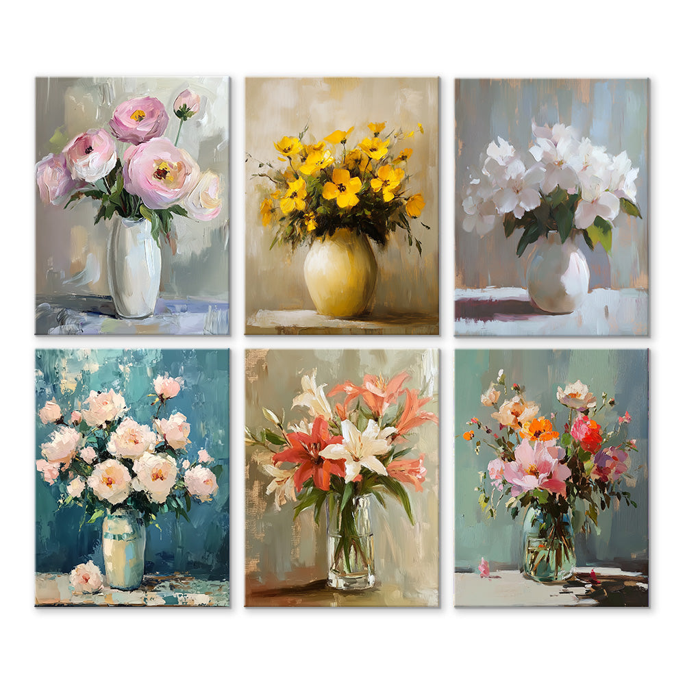 Various Flowers in Different Vases 6 Pieces Mini Paint by Numbers