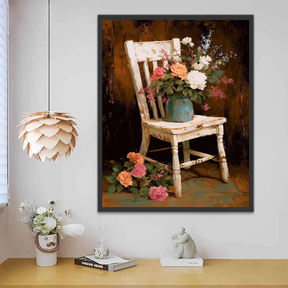 Vintage White Chair with a Vase of Roses Paint by Numbers