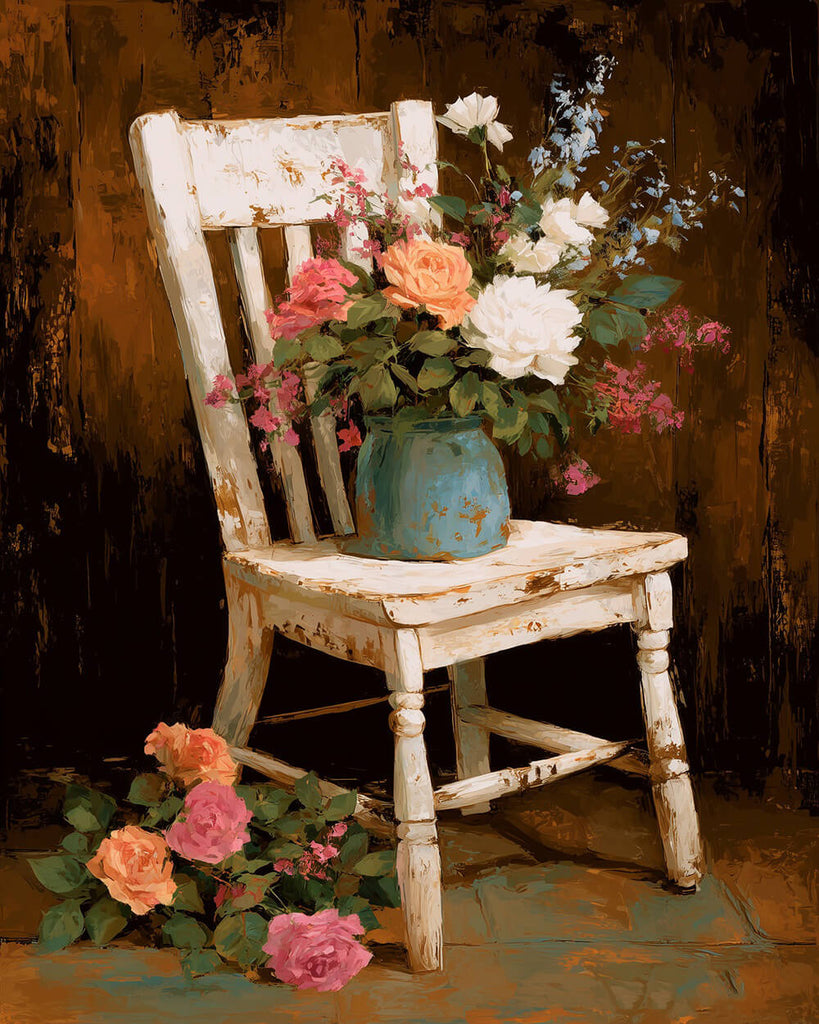 Vintage White Chair with a Vase of Roses Paint by Numbers