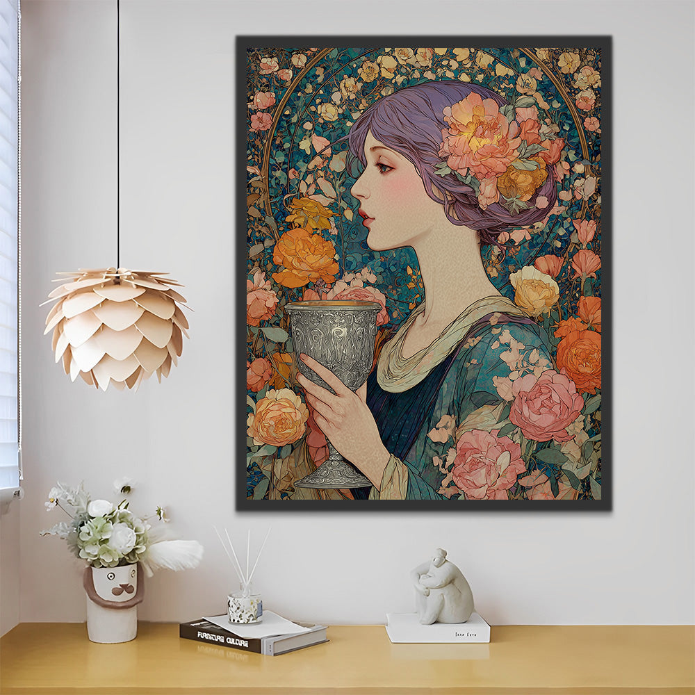 Vintage Woman Holding A Silver Wine Glass Surrounded by Roses Paint by Numbers