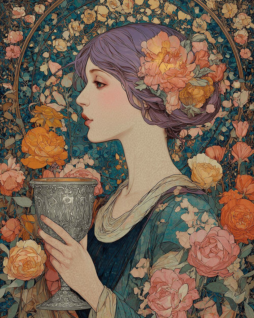Vintage Woman Holding A Silver Wine Glass Surrounded by Roses Paint by Numbers