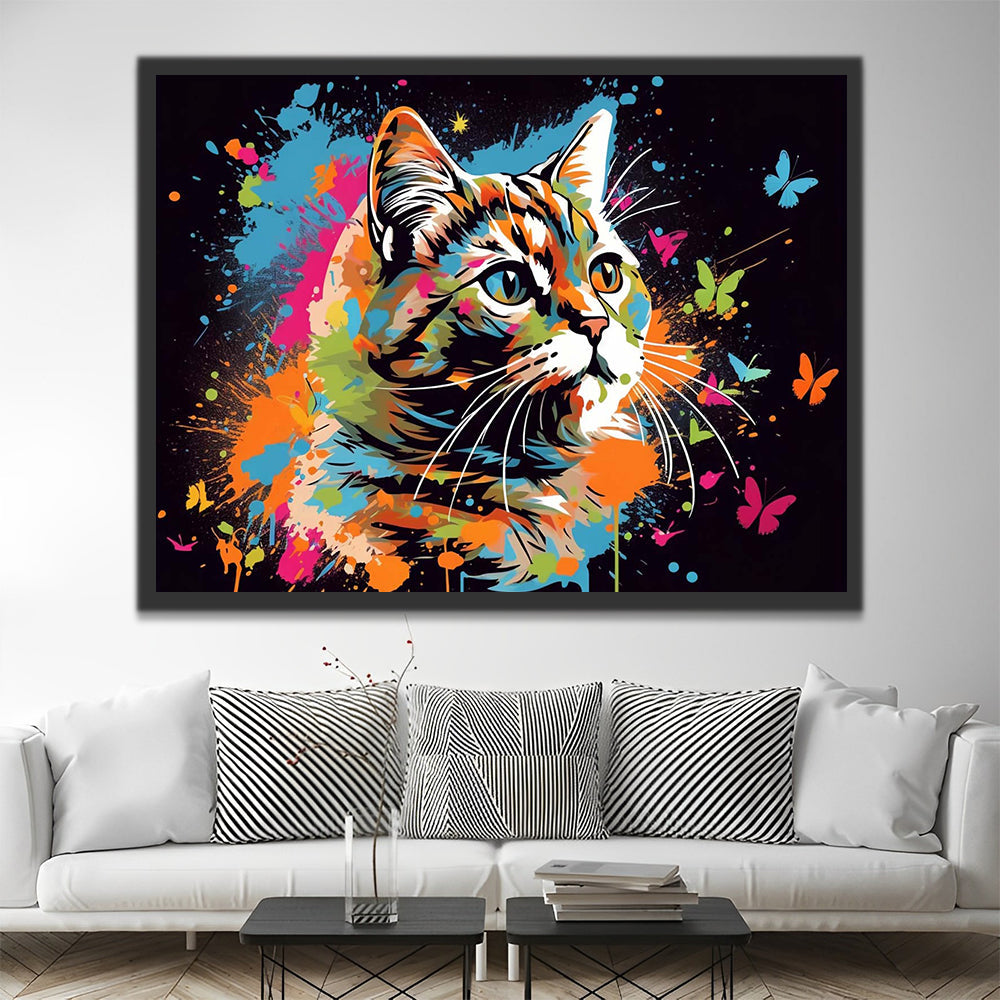 Watercolor Cat and Butterflies Paint by Numbers