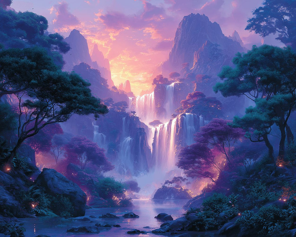 Waterfall on Purple Mountains Paint by Numbers