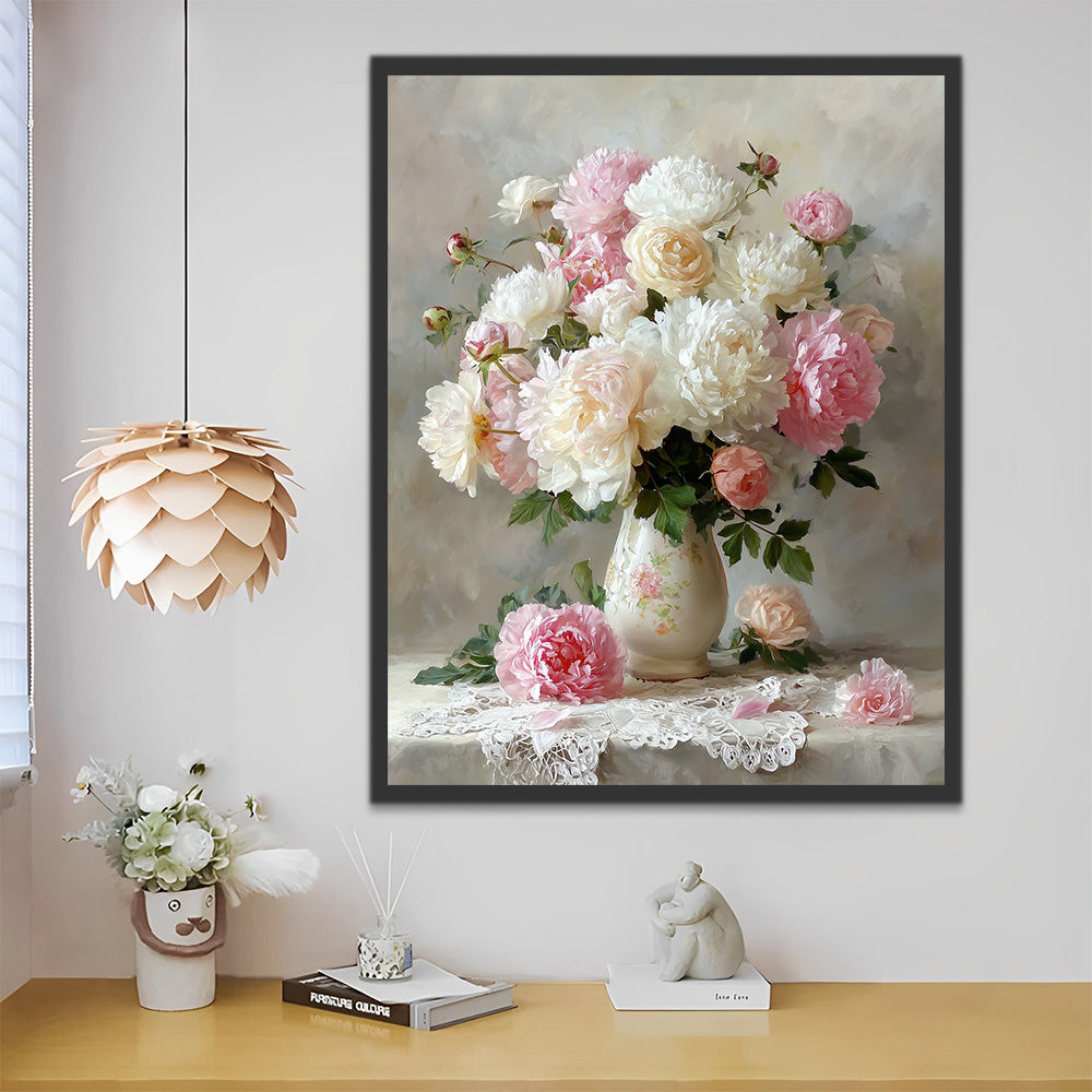 White and Pink Peonies in the Vase Paint by Numbers