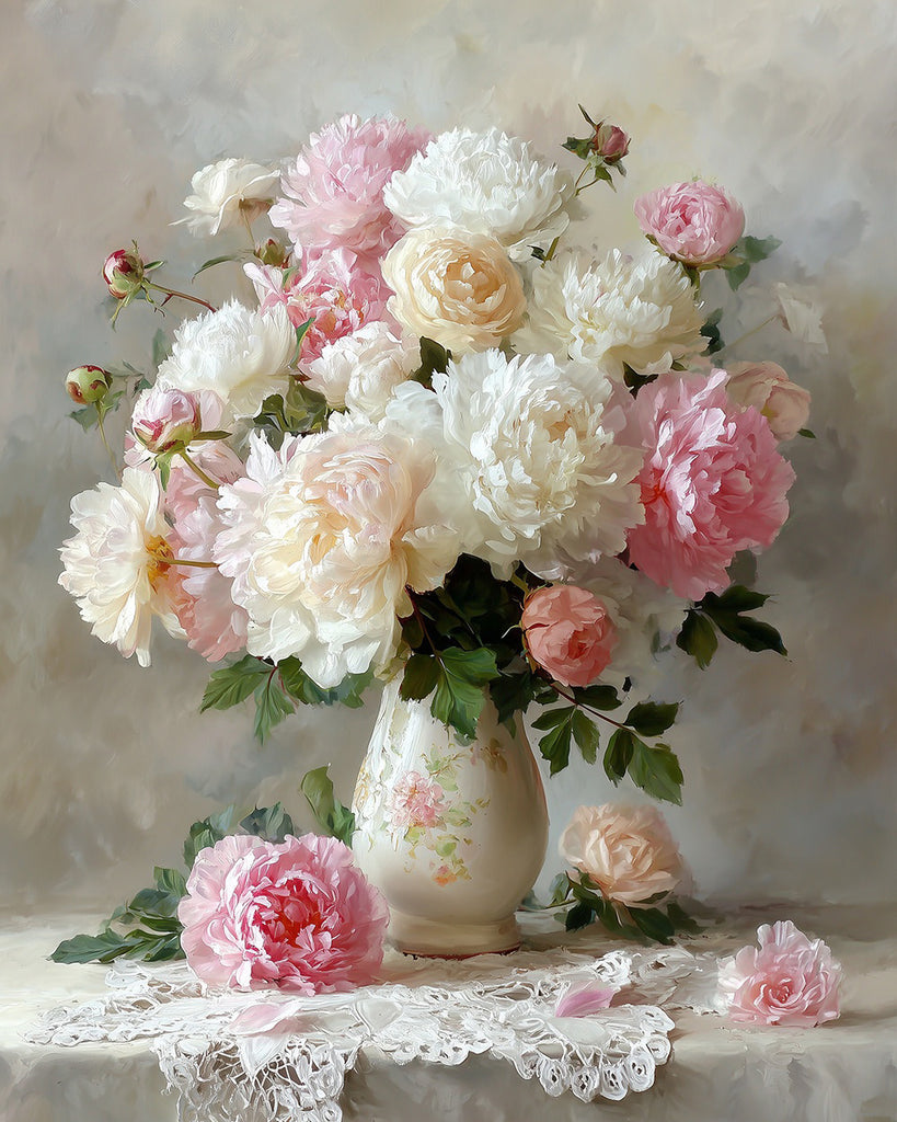 White and Pink Peonies in the Vase Paint by Numbers