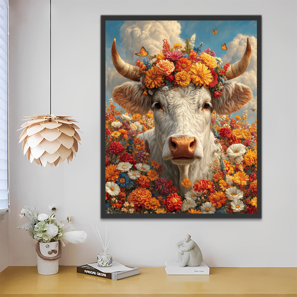 White Cow among Orange Chrysanthemums Paint by Numbers