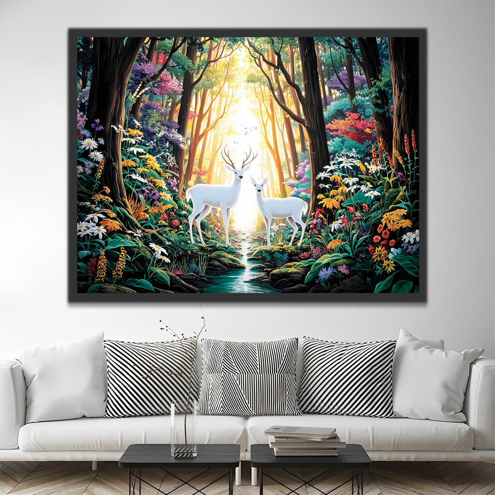 White Deers in Forest Flower Valley Paint by Numbers