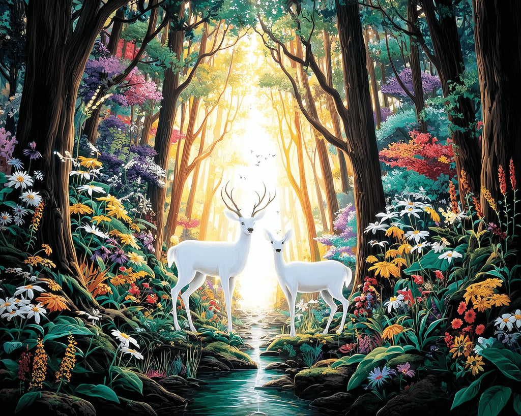 White Deers in Forest Flower Valley Paint by Numbers