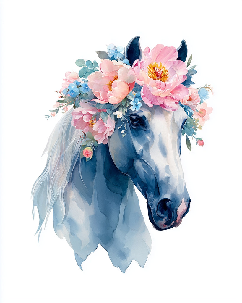 White Horse with Flower Wreath Paint by Numbers