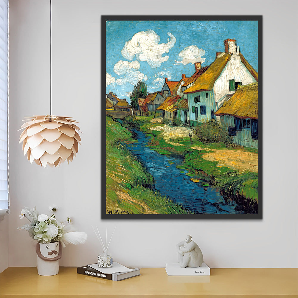 White Houses and River in the Countryside Paint by Numbers