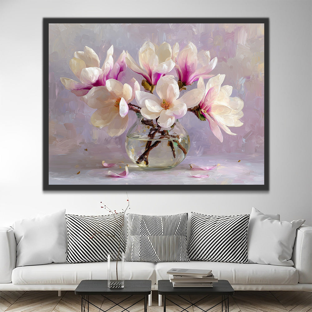 White Magnolia in Glass Bottle Paint by Numbers