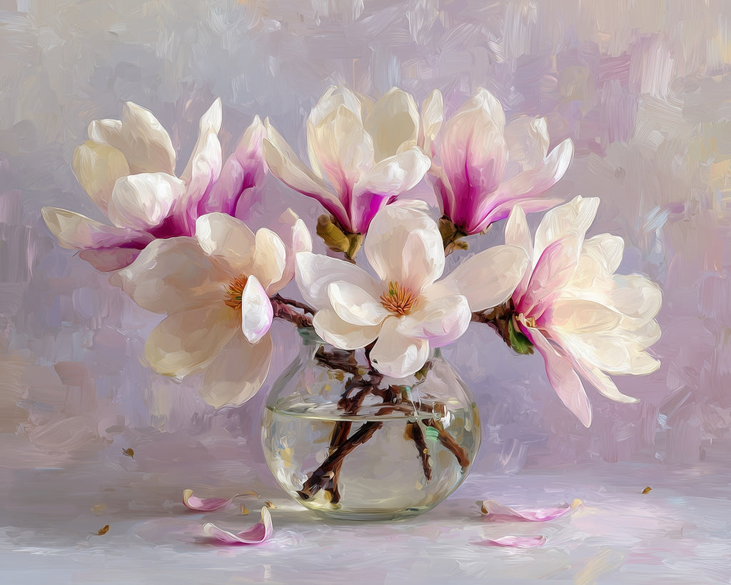 White Magnolia in Glass Bottle Paint by Numbers