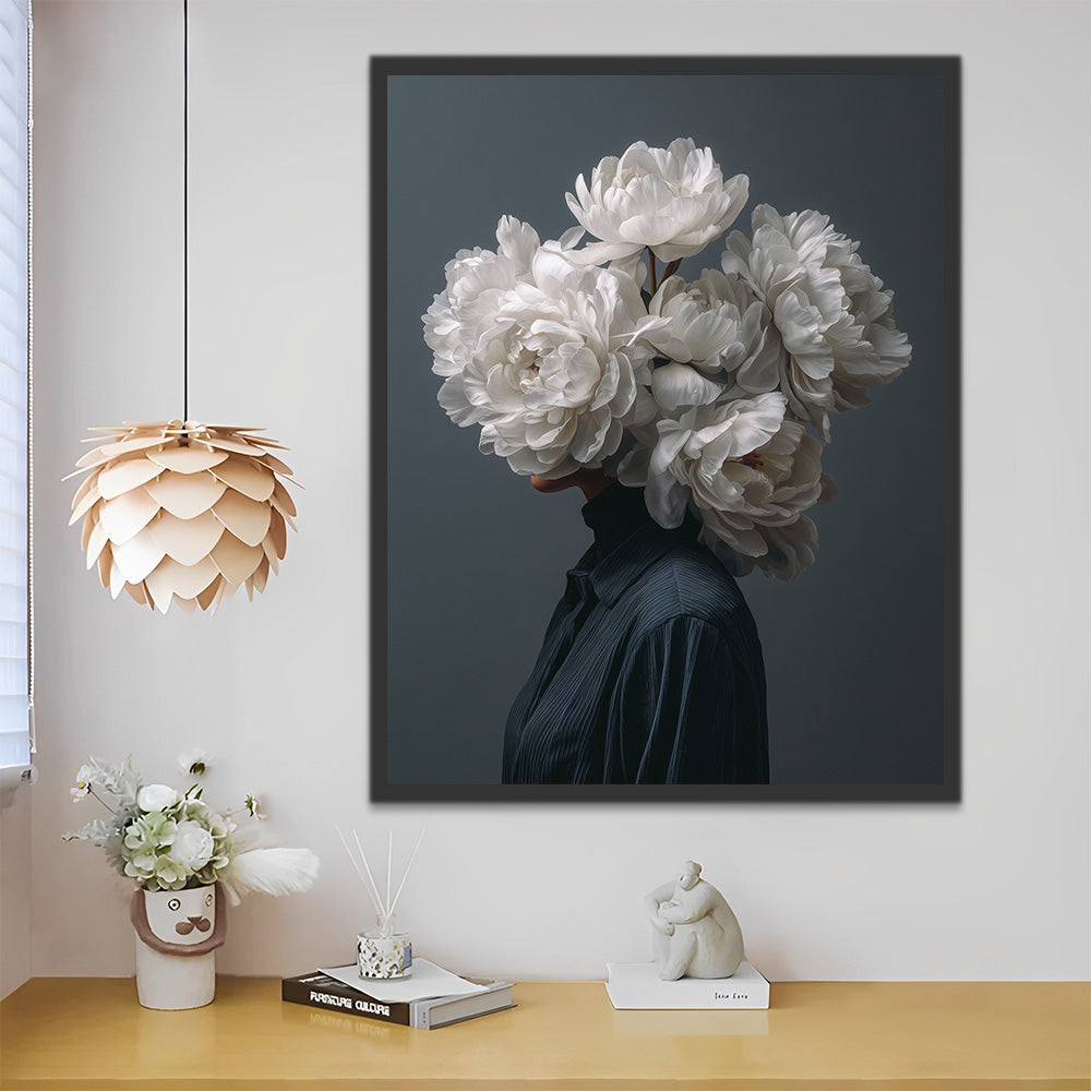 White Peony Flower Woman Paint by Numbers