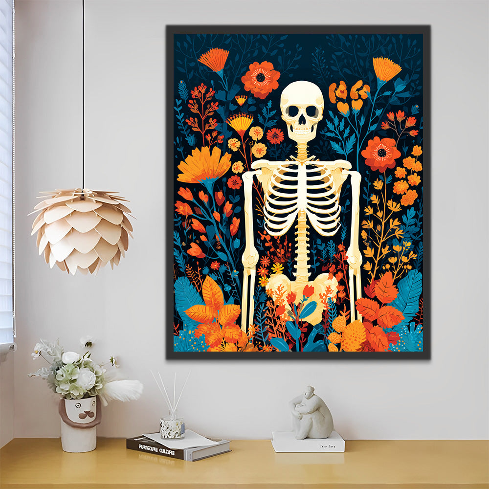 White Skeleton among Flowers Paint by Numbers
