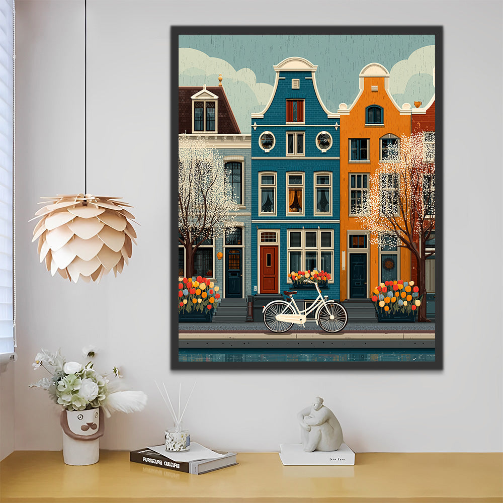 White Tree and Bicycle in front of Colorful Building Paint by Numbers