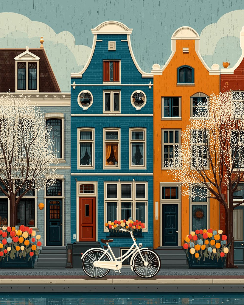 White Tree and Bicycle in front of Colorful Building Paint by Numbers