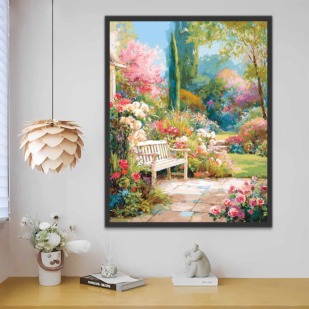 White Wooden Bench in the Garden Paint by Numbers