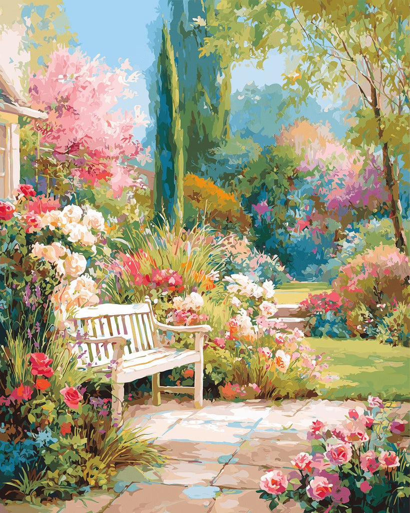White Wooden Bench in the Garden Paint by Numbers