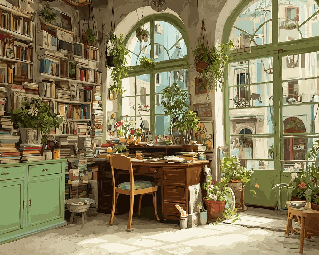 Wilted Potted Plants in Green Study Room Paint by Numbers