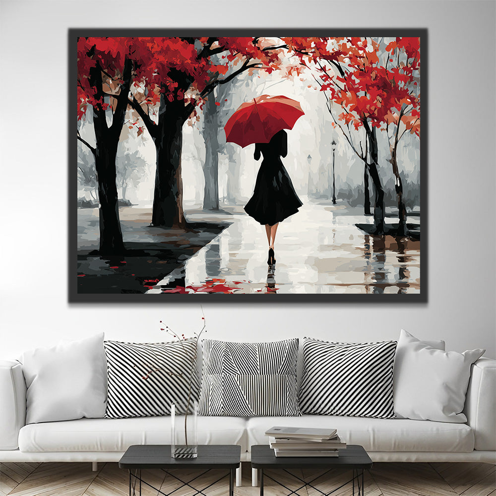 Woman Holding a Red Umbrella in the Woods Paint by Numbers