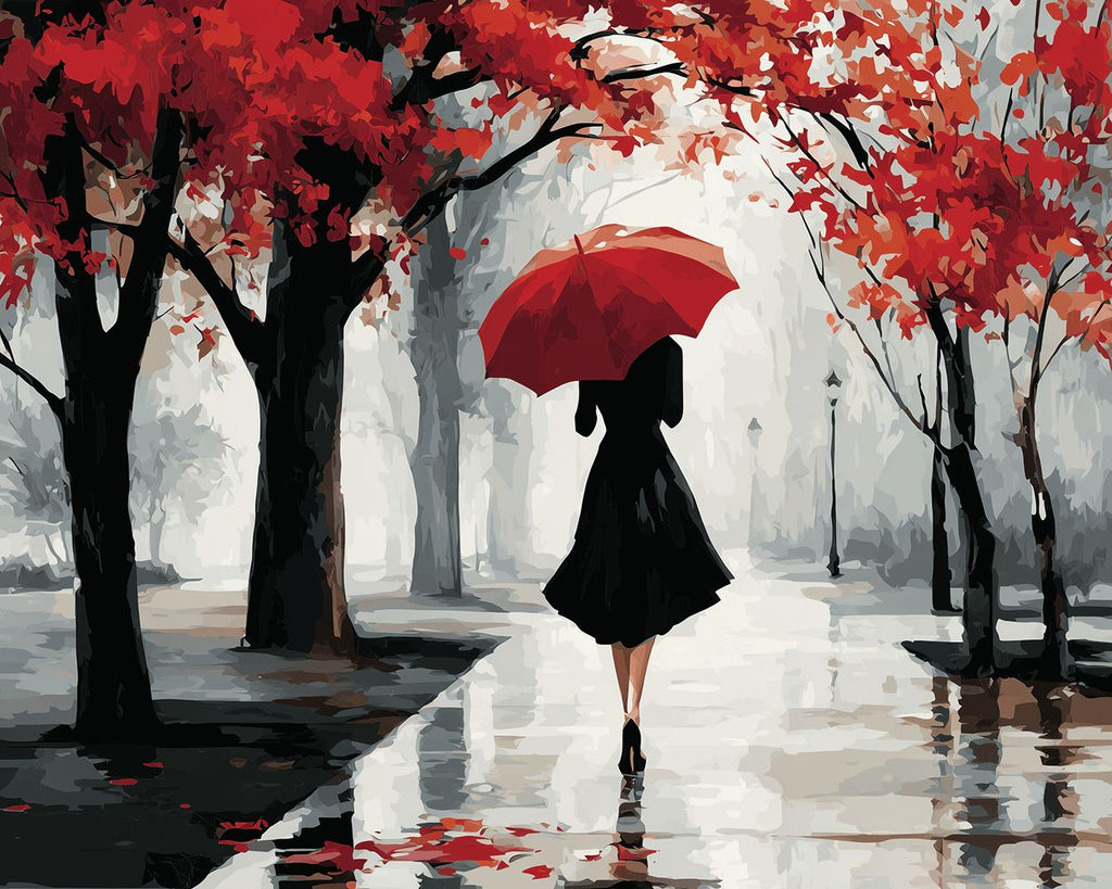 Woman Holding a Red Umbrella in the Woods Paint by Numbers