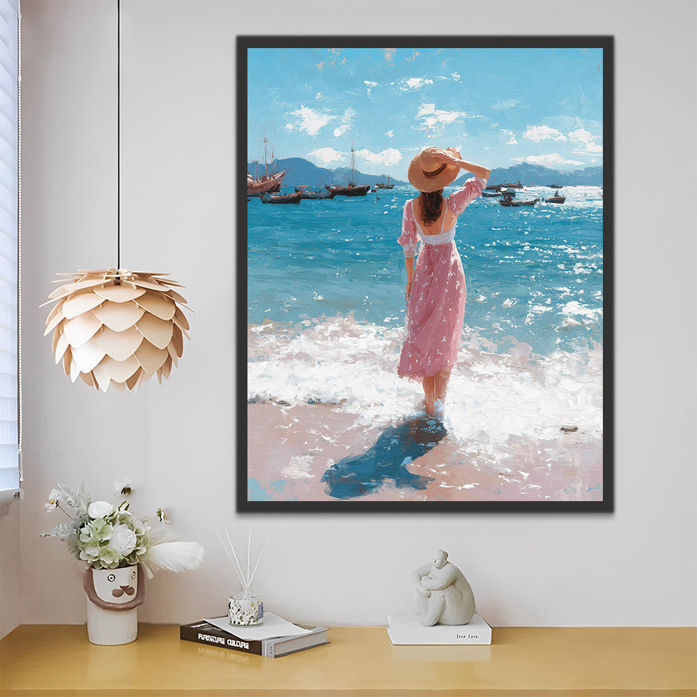 Woman in Pink Dress by the Sea Paint by Numbers