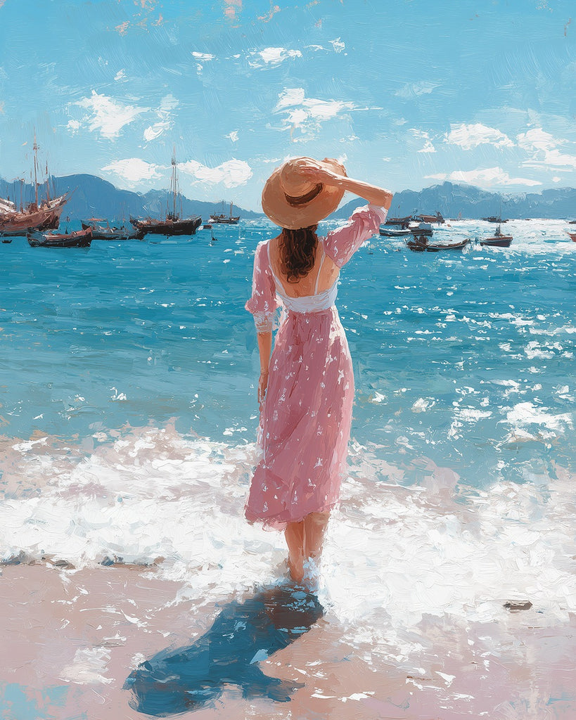 Woman in Pink Dress by the Sea Paint by Numbers