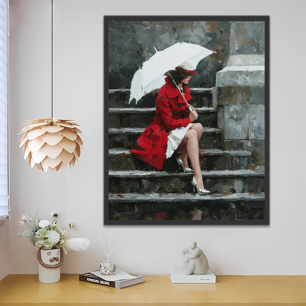 Woman in Red Coat Sitting on the Steps Paint by Numbers