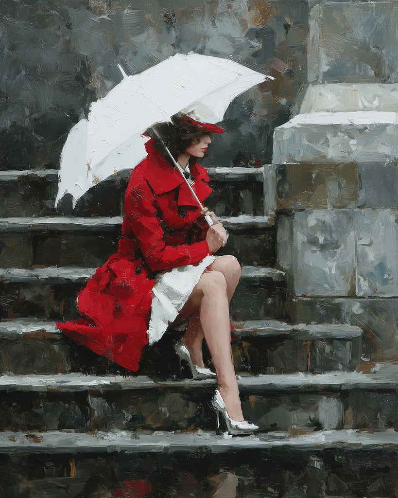 Woman in Red Coat Sitting on the Steps Paint by Numbers