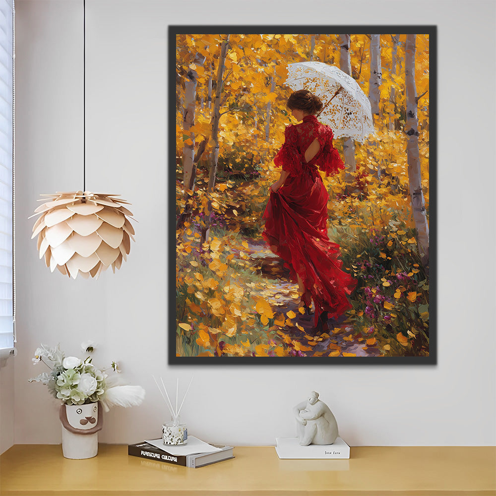 Woman in Red Dress in an Autumn Forest Paint by Numbers