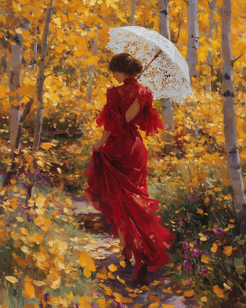 Woman in Red Dress in an Autumn Forest Paint by Numbers