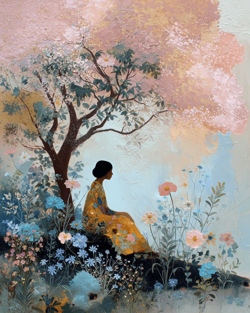 Woman Sitting under A Pink Tree Paint by Numbers