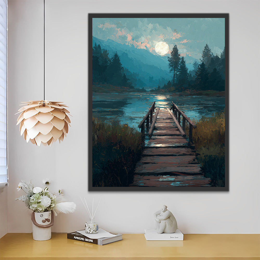 Wooden Bridge and Lake at Night Paint by Numbers